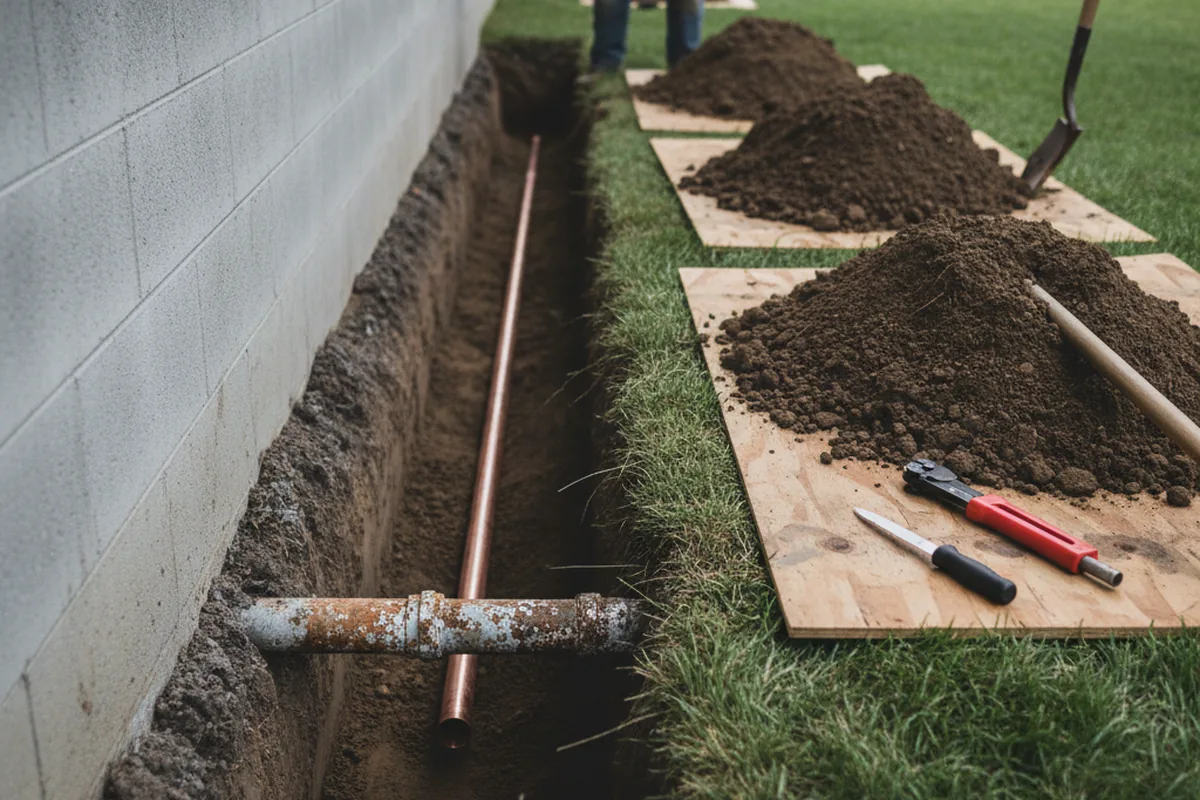 Excavated water line trench during Water Softener Installation in Goddard